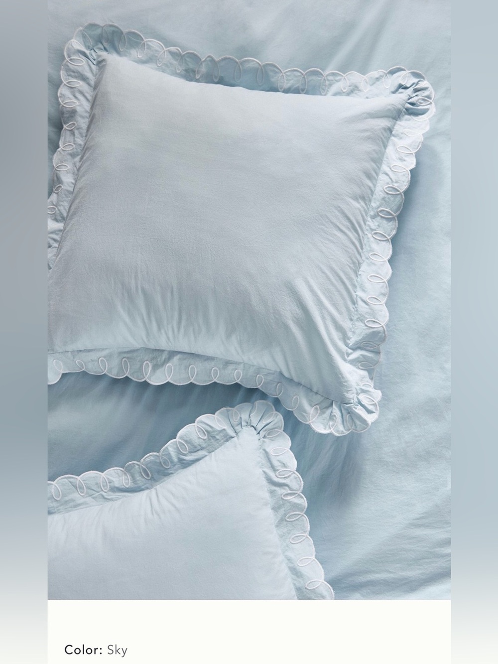 New Anthropologie cotton looped embroidered scalloped euro sham sky blue light